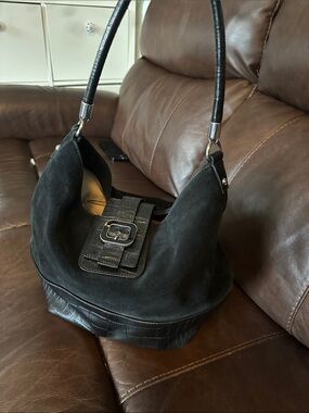 Talbots Black Suede and croc embossed  Leather Hobo with Buckle Accent